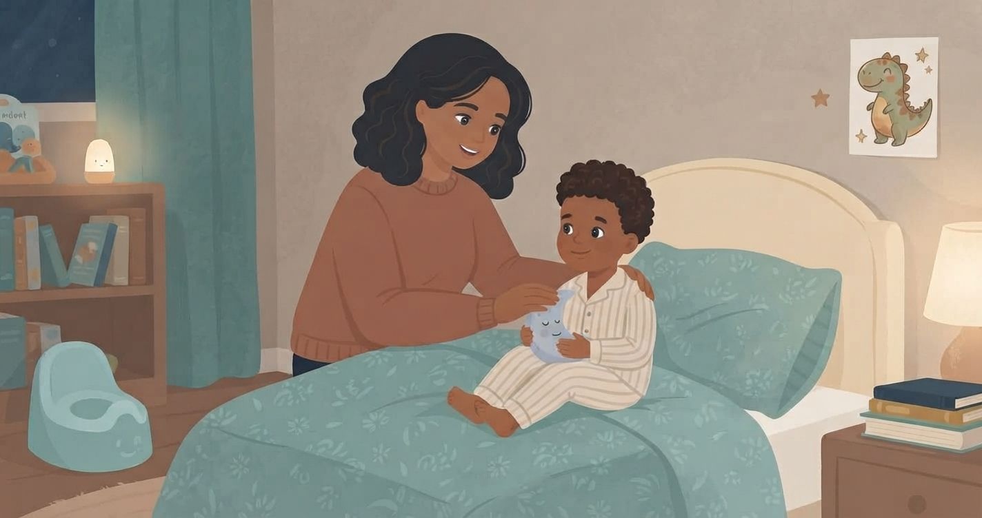 A cozy illustrated scene of a mother with dark, curly hair wearing a brown sweater, smiling as she sits on the edge of a bed and tucks in a young boy of color in striped pajamas, who is holding a small plush moon. The bed has a teal patterned comforter and a cream-colored headboard. In the background to the left, there is a bookshelf with children's books and a small nightlight, and a light blue potty chair on the floor. To the right, a bedside table with a stack of books and a lamp. On the wall above the bed, there is a framed picture of a friendly dinosaur. The art style is warm, textured, and soft, with a muted color palette.