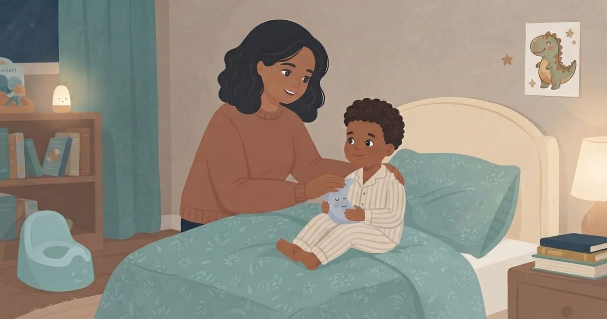 A cozy illustrated scene of a mother with dark, curly hair wearing a brown sweater, smiling as she sits on the edge of a bed and tucks in a young boy of color in striped pajamas, who is holding a small plush moon. The bed has a teal patterned comforter and a cream-colored headboard. In the background to the left, there is a bookshelf with children's books and a small nightlight, and a light blue potty chair on the floor. To the right, a bedside table with a stack of books and a lamp. On the wall above the bed, there is a framed picture of a friendly dinosaur. The art style is warm, textured, and soft, with a muted color palette.