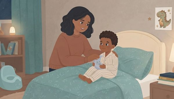 A cozy illustrated scene of a mother with dark, curly hair wearing a brown sweater, smiling as she sits on the edge of a bed and tucks in a young boy of color in striped pajamas, who is holding a small plush moon. The bed has a teal patterned comforter and a cream-colored headboard. In the background to the left, there is a bookshelf with children's books and a small nightlight, and a light blue potty chair on the floor. To the right, a bedside table with a stack of books and a lamp. On the wall above the bed, there is a framed picture of a friendly dinosaur. The art style is warm, textured, and soft, with a muted color palette.