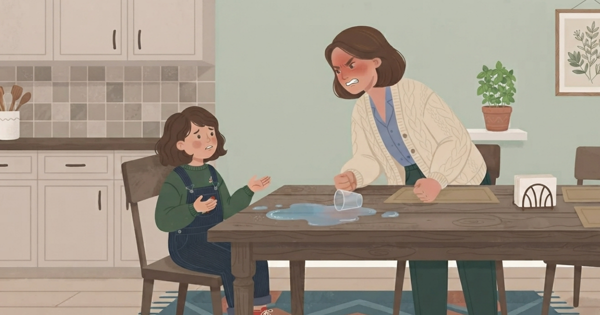 An illustrated scene in a warm, textured storybook style, depicting a tense domestic moment between a mother and her young daughter in a kitchen and dining area. A woman, with short brown hair and a flushed, angry face, wearing a cream knit cardigan over a blue shirt, is standing and leaning over a dark wood dining table, her fists clenched, looking furiously down at the girl. The girl, with wavy brown hair and wearing a green sweatshirt and denim overalls with a red patch, is sitting on a chair to the left, looking up at her mother with a pleading, worried expression, her hands open and palms up in a gesture of explanation or defense. Between them on the table, there is a large, spreading puddle of spilled water and a tipped-over, empty plastic cup. The background features light gray kitchen cabinets, a tiled backsplash, a counter with utensils, a window with a potted plant, and a framed botanical illustration on the wall. A patterned rug (blue, orange, cream geometric design) is on the light wood floor. The overall color palette is composed of muted greens, warm browns, and soft creams. A small star icon is in the bottom right corner. The lighting is even and gentle, contrasting with the emotional intensity of the figures. The style is illustrative, with visible brushstroke and fabric textures.