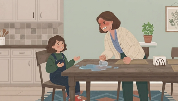 An illustrated scene in a warm, textured storybook style, depicting a tense domestic moment between a mother and her young daughter in a kitchen and dining area. A woman, with short brown hair and a flushed, angry face, wearing a cream knit cardigan over a blue shirt, is standing and leaning over a dark wood dining table, her fists clenched, looking furiously down at the girl. The girl, with wavy brown hair and wearing a green sweatshirt and denim overalls with a red patch, is sitting on a chair to the left, looking up at her mother with a pleading, worried expression, her hands open and palms up in a gesture of explanation or defense. Between them on the table, there is a large, spreading puddle of spilled water and a tipped-over, empty plastic cup. The background features light gray kitchen cabinets, a tiled backsplash, a counter with utensils, a window with a potted plant, and a framed botanical illustration on the wall. A patterned rug (blue, orange, cream geometric design) is on the light wood floor. The overall color palette is composed of muted greens, warm browns, and soft creams. A small star icon is in the bottom right corner. The lighting is even and gentle, contrasting with the emotional intensity of the figures. The style is illustrative, with visible brushstroke and fabric textures.
