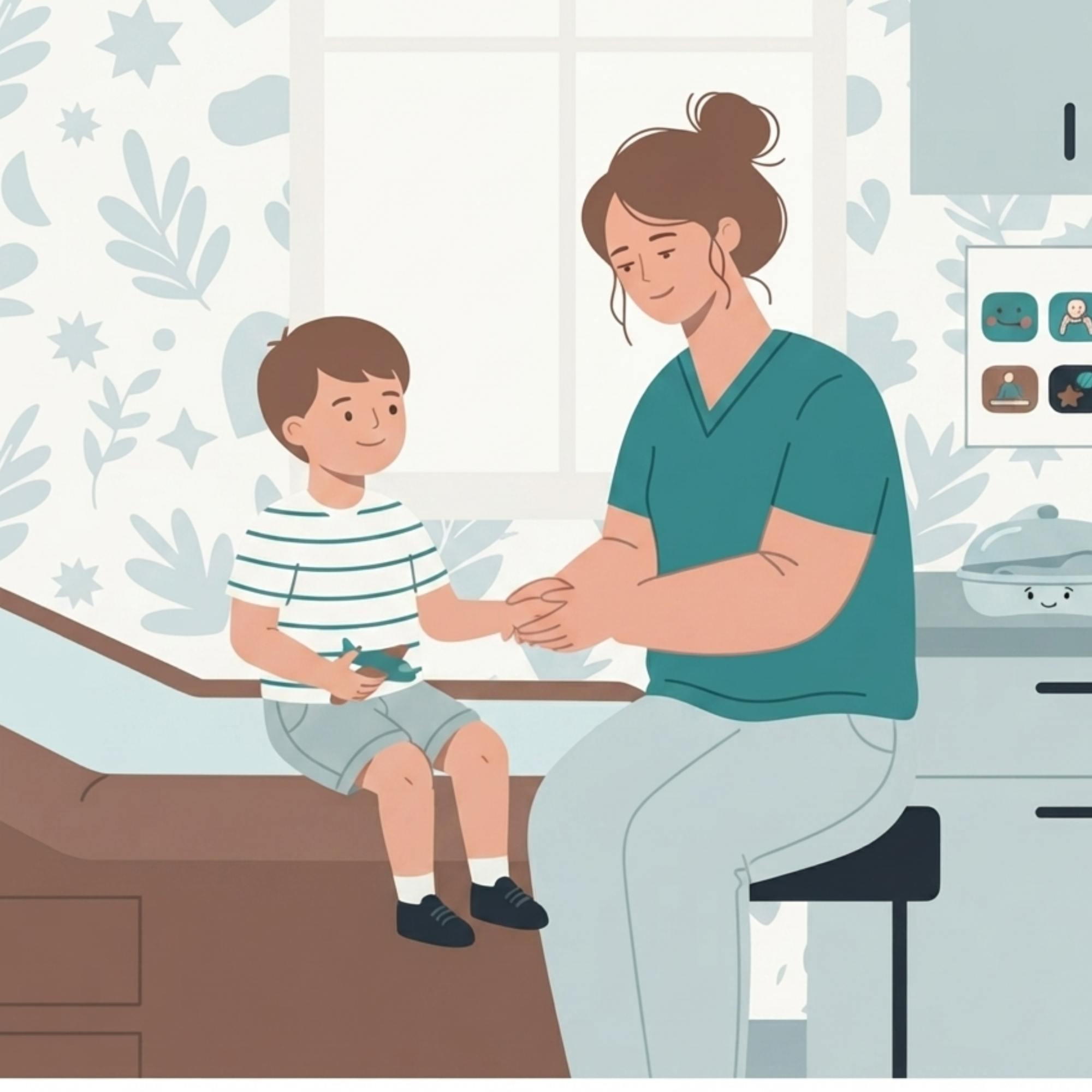 A warm, pastel-style illustration of a pediatric checkup, showing a smiling healthcare professional gently holding a young boy's hand while he sits on an examination table. The child holds a toy airplane, and the bright, child-friendly clinic features soft botanical wallpaper, a large window, colorful developmental posters, and playful decor, creating a calm and reassuring atmosphere.