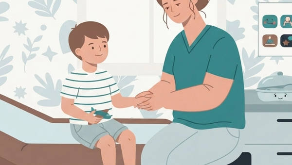 A warm, pastel-style illustration of a pediatric checkup, showing a smiling healthcare professional gently holding a young boy's hand while he sits on an examination table. The child holds a toy airplane, and the bright, child-friendly clinic features soft botanical wallpaper, a large window, colorful developmental posters, and playful decor, creating a calm and reassuring atmosphere.