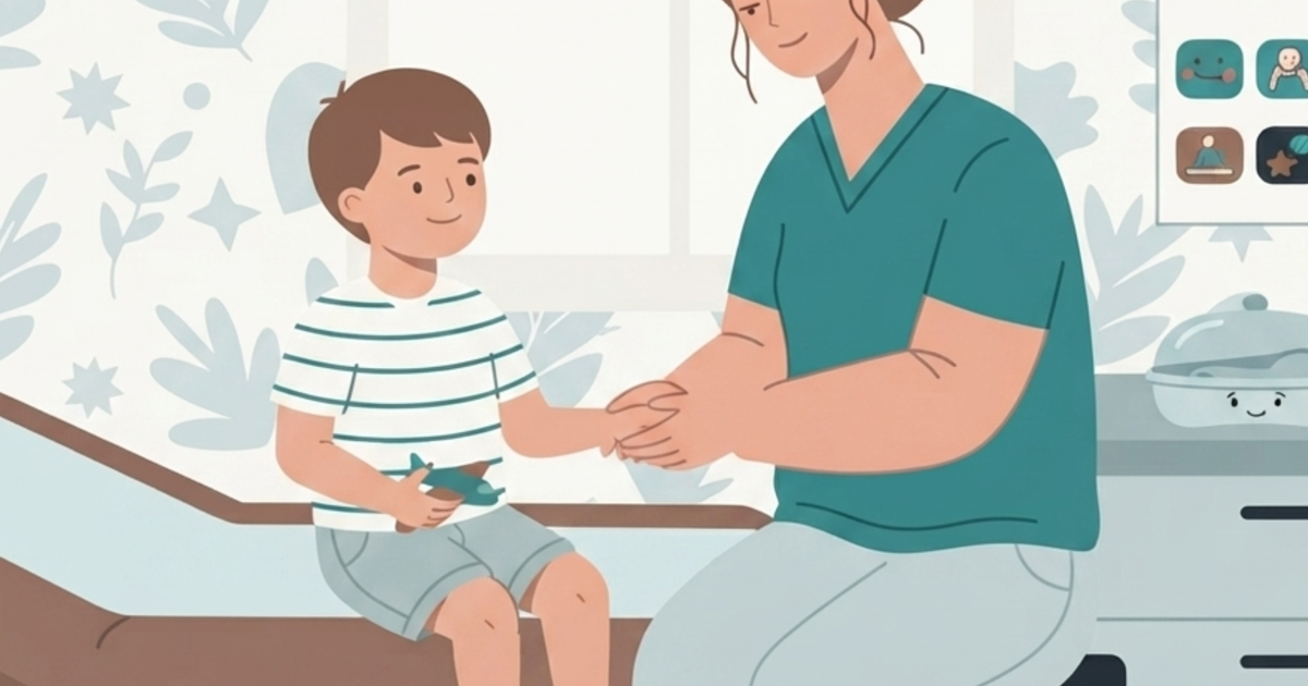A warm, pastel-style illustration of a pediatric checkup, showing a smiling healthcare professional gently holding a young boy's hand while he sits on an examination table. The child holds a toy airplane, and the bright, child-friendly clinic features soft botanical wallpaper, a large window, colorful developmental posters, and playful decor, creating a calm and reassuring atmosphere.