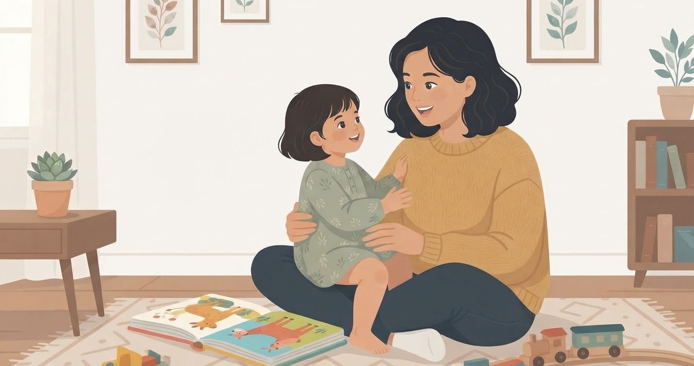 An illustration in a cozy, sunlit living room shows a mother and child sitting on a patterned rug. The mother, with dark, wavy hair and a mustard-yellow knit sweater, holds her young daughter with short dark hair on her lap. The child, wearing a sage-green floral dress, looks up and smiles at her mother, who is smiling back warmly. They are surrounded by toys: an open picture book with illustrations of animals is in front of them, and a wooden train set is to the right. The background features a white wall with framed botanical prints, a wooden side table with a potted succulent, and a small bookshelf filled with books. Soft natural light streams in from a window to the left. The style is flat, modern, and cozy.