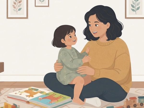 An illustration in a cozy, sunlit living room shows a mother and child sitting on a patterned rug. The mother, with dark, wavy hair and a mustard-yellow knit sweater, holds her young daughter with short dark hair on her lap. The child, wearing a sage-green floral dress, looks up and smiles at her mother, who is smiling back warmly. They are surrounded by toys: an open picture book with illustrations of animals is in front of them, and a wooden train set is to the right. The background features a white wall with framed botanical prints, a wooden side table with a potted succulent, and a small bookshelf filled with books. Soft natural light streams in from a window to the left. The style is flat, modern, and cozy.