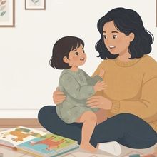 An illustration in a cozy, sunlit living room shows a mother and child sitting on a patterned rug. The mother, with dark, wavy hair and a mustard-yellow knit sweater, holds her young daughter with short dark hair on her lap. The child, wearing a sage-green floral dress, looks up and smiles at her mother, who is smiling back warmly. They are surrounded by toys: an open picture book with illustrations of animals is in front of them, and a wooden train set is to the right. The background features a white wall with framed botanical prints, a wooden side table with a potted succulent, and a small bookshelf filled with books. Soft natural light streams in from a window to the left. The style is flat, modern, and cozy.
