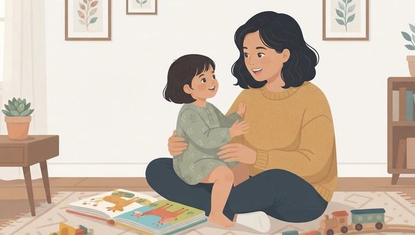 An illustration in a cozy, sunlit living room shows a mother and child sitting on a patterned rug. The mother, with dark, wavy hair and a mustard-yellow knit sweater, holds her young daughter with short dark hair on her lap. The child, wearing a sage-green floral dress, looks up and smiles at her mother, who is smiling back warmly. They are surrounded by toys: an open picture book with illustrations of animals is in front of them, and a wooden train set is to the right. The background features a white wall with framed botanical prints, a wooden side table with a potted succulent, and a small bookshelf filled with books. Soft natural light streams in from a window to the left. The style is flat, modern, and cozy.