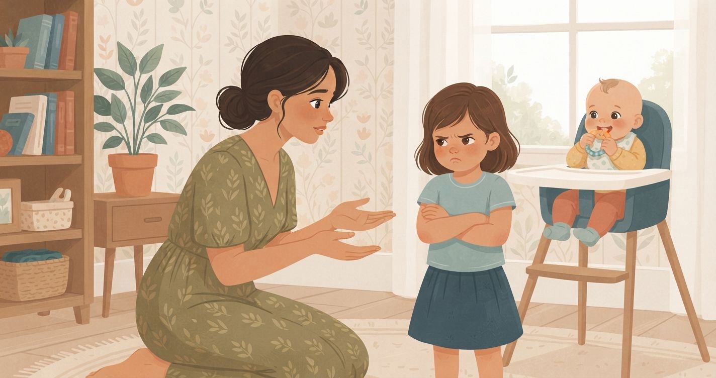 An illustrated scene in a soft, textured children's book style, depicting a quiet conflict resolution. A mother, with dark hair in a bun and wearing a green patterned dress, kneels on a patterned rug, her hands extended in an empathetic gesture toward her young daughter. The daughter, with arms crossed and a pouting, scowling expression, stands facing her mother. To the right, a baby sits happily in a highchair, playing with a teething ring, seemingly unaware of the older child's distress. In the background, there is a wooden bookshelf filled with books, potted plants, and a window with soft, natural light. The wallpaper has a delicate floral pattern. The overall mood is gentle but captures the tension between the mother and the upset daughter.