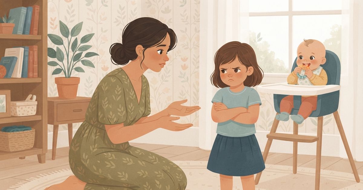 An illustrated scene in a soft, textured children's book style, depicting a quiet conflict resolution. A mother, with dark hair in a bun and wearing a green patterned dress, kneels on a patterned rug, her hands extended in an empathetic gesture toward her young daughter. The daughter, with arms crossed and a pouting, scowling expression, stands facing her mother. To the right, a baby sits happily in a highchair, playing with a teething ring, seemingly unaware of the older child's distress. In the background, there is a wooden bookshelf filled with books, potted plants, and a window with soft, natural light. The wallpaper has a delicate floral pattern. The overall mood is gentle but captures the tension between the mother and the upset daughter.