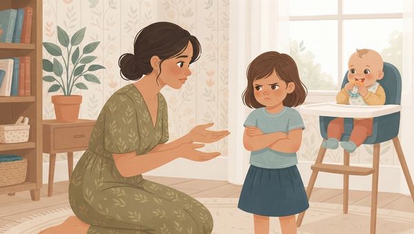 An illustrated scene in a soft, textured children's book style, depicting a quiet conflict resolution. A mother, with dark hair in a bun and wearing a green patterned dress, kneels on a patterned rug, her hands extended in an empathetic gesture toward her young daughter. The daughter, with arms crossed and a pouting, scowling expression, stands facing her mother. To the right, a baby sits happily in a highchair, playing with a teething ring, seemingly unaware of the older child's distress. In the background, there is a wooden bookshelf filled with books, potted plants, and a window with soft, natural light. The wallpaper has a delicate floral pattern. The overall mood is gentle but captures the tension between the mother and the upset daughter.