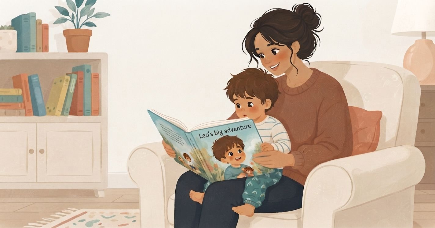 An illustrated scene in a warm, hand-drawn style shows a mother with dark hair tied in a bun, wearing a brown sweater, sitting in a cozy white armchair. She is holding a young boy of color on her lap as they look down together at an open picture book. The book's cover reads "Leo's big adventure" and features an illustration of the same little boy. The room has a soft, light color palette, featuring a white bookshelf filled with books and a potted plant in the background, along with a soft lamp light.
