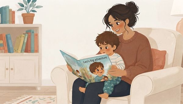 An illustrated scene in a warm, hand-drawn style shows a mother with dark hair tied in a bun, wearing a brown sweater, sitting in a cozy white armchair. She is holding a young boy of color on her lap as they look down together at an open picture book. The book's cover reads "Leo's big adventure" and features an illustration of the same little boy. The room has a soft, light color palette, featuring a white bookshelf filled with books and a potted plant in the background, along with a soft lamp light.