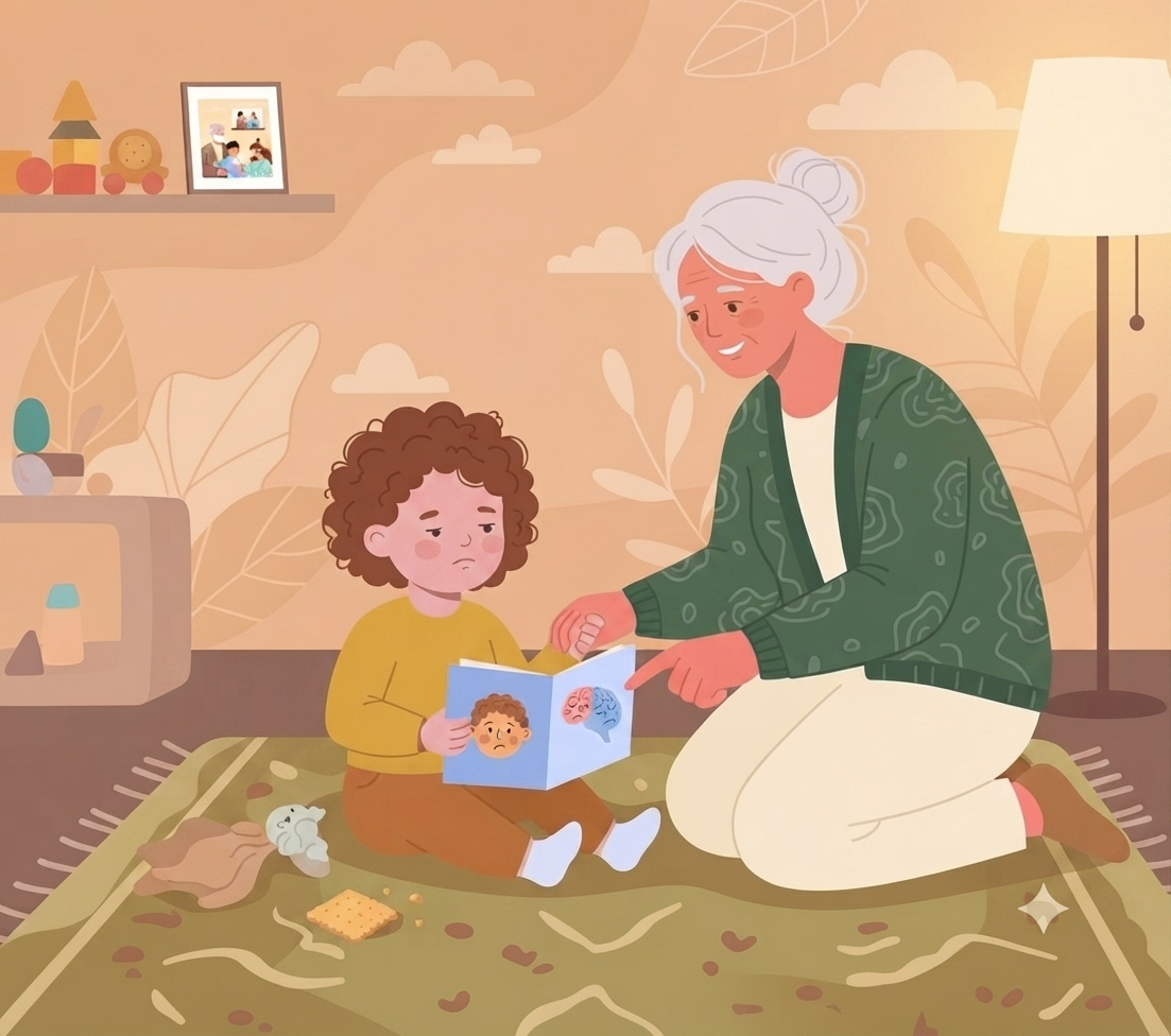 A flat vector illustration depicts a grandmother and a young child sitting together on a soft, patterned rug in a cozy, warm-toned room. The grandmother, with her grey hair tied in a bun and wearing a teal patterned cardigan and cream-colored pants, kneels beside the child and points gently at an open picture book. The child, with curly brown hair, wears a yellow top and green pants, looking down at the book with a calm, thoughtful expression. The book's pages feature simple illustrations of faces expressing feelings and a brain diagram. On the rug nearby, a broken cracker with a few crumbs lies next to a small toy. In the background, a shelf holds colorful toys and a framed family photo, and a floor lamp stands in the corner. The overall style is soft, warm, and gentle.