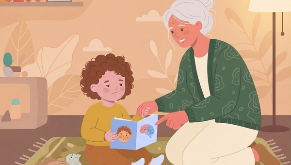 A flat vector illustration depicts a grandmother and a young child sitting together on a soft, patterned rug in a cozy, warm-toned room. The grandmother, with her grey hair tied in a bun and wearing a teal patterned cardigan and cream-colored pants, kneels beside the child and points gently at an open picture book. The child, with curly brown hair, wears a yellow top and green pants, looking down at the book with a calm, thoughtful expression. The book's pages feature simple illustrations of faces expressing feelings and a brain diagram. On the rug nearby, a broken cracker with a few crumbs lies next to a small toy. In the background, a shelf holds colorful toys and a framed family photo, and a floor lamp stands in the corner. The overall style is soft, warm, and gentle.