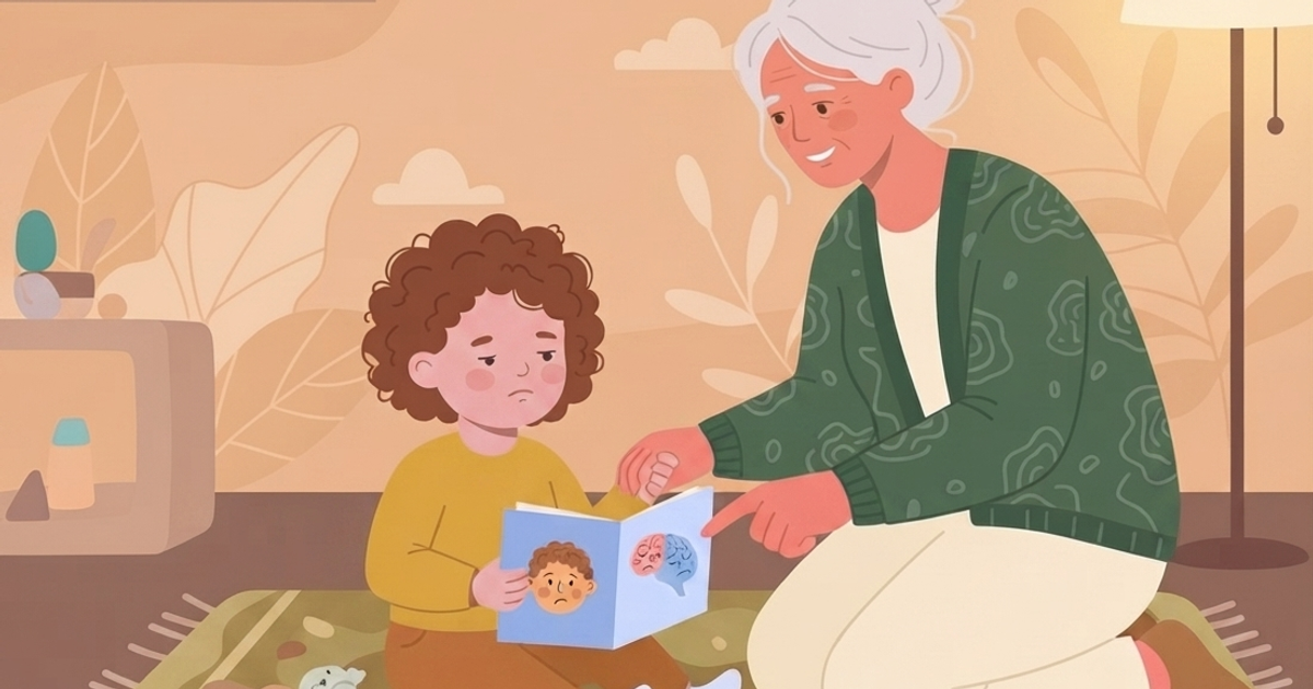 A flat vector illustration depicts a grandmother and a young child sitting together on a soft, patterned rug in a cozy, warm-toned room. The grandmother, with her grey hair tied in a bun and wearing a teal patterned cardigan and cream-colored pants, kneels beside the child and points gently at an open picture book. The child, with curly brown hair, wears a yellow top and green pants, looking down at the book with a calm, thoughtful expression. The book's pages feature simple illustrations of faces expressing feelings and a brain diagram. On the rug nearby, a broken cracker with a few crumbs lies next to a small toy. In the background, a shelf holds colorful toys and a framed family photo, and a floor lamp stands in the corner. The overall style is soft, warm, and gentle.