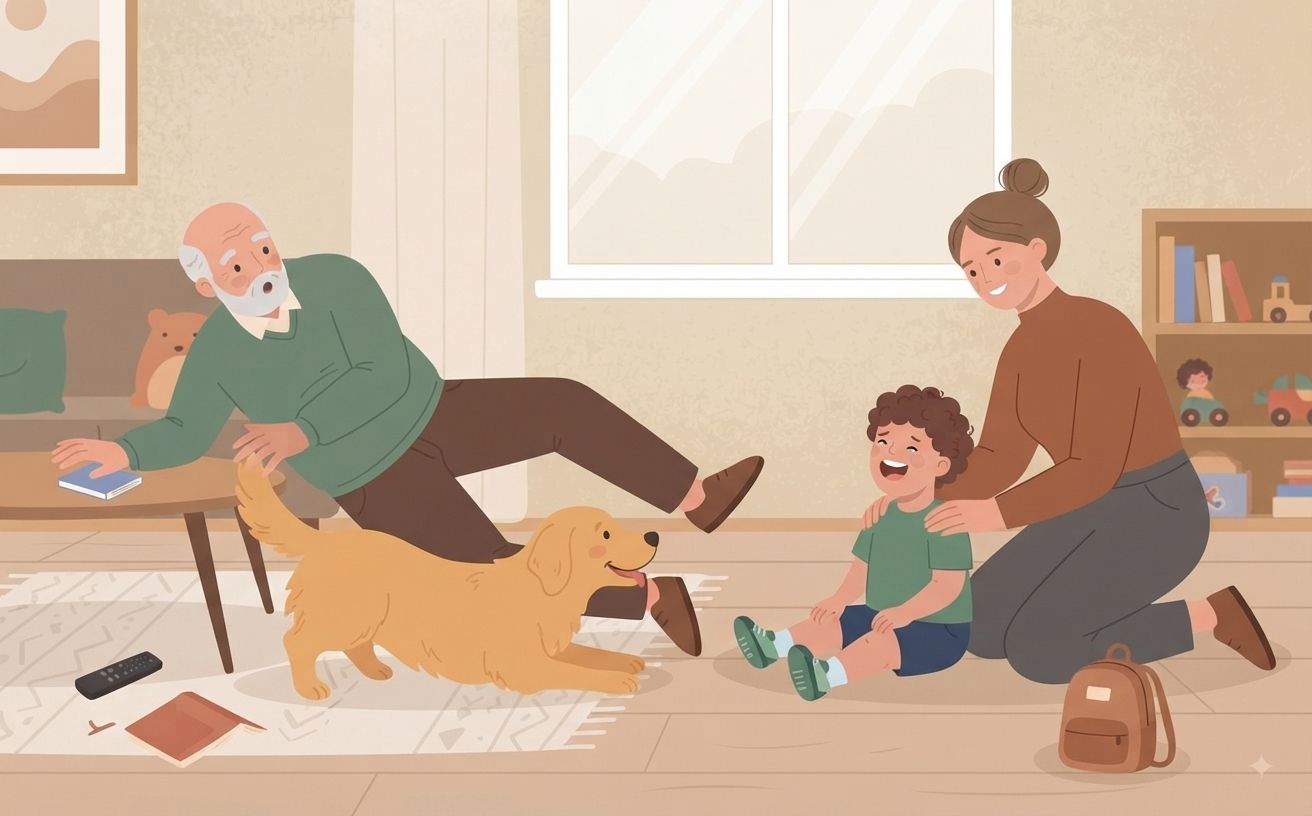A flat-style digital illustration of a cozy living room scene. A bearded grandfather in a green sweater is sprawled on a patterned rug, having tripped over a playful golden retriever dog. Near them, a curly-haired toddler in a green shirt sits on the floor, laughing heartily with hands raised. The mother, kneeling beside the child in a rust-colored sweater, smiles gently while her hands rest on the toddler's shoulders. In the background are a bookshelf with toys, a sofa, and a window. The overall mood is lighthearted and warm.