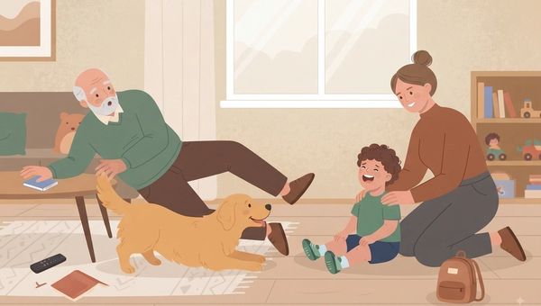 A flat-style digital illustration of a cozy living room scene. A bearded grandfather in a green sweater is sprawled on a patterned rug, having tripped over a playful golden retriever dog. Near them, a curly-haired toddler in a green shirt sits on the floor, laughing heartily with hands raised. The mother, kneeling beside the child in a rust-colored sweater, smiles gently while her hands rest on the toddler's shoulders. In the background are a bookshelf with toys, a sofa, and a window. The overall mood is lighthearted and warm.
