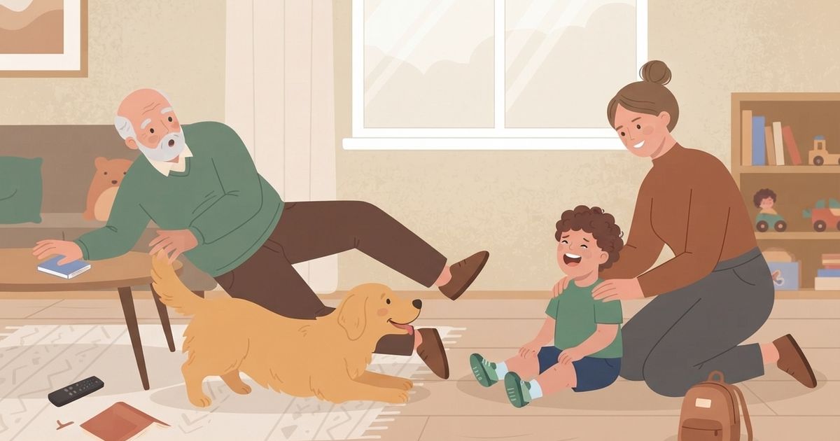 A flat-style digital illustration of a cozy living room scene. A bearded grandfather in a green sweater is sprawled on a patterned rug, having tripped over a playful golden retriever dog. Near them, a curly-haired toddler in a green shirt sits on the floor, laughing heartily with hands raised. The mother, kneeling beside the child in a rust-colored sweater, smiles gently while her hands rest on the toddler's shoulders. In the background are a bookshelf with toys, a sofa, and a window. The overall mood is lighthearted and warm.