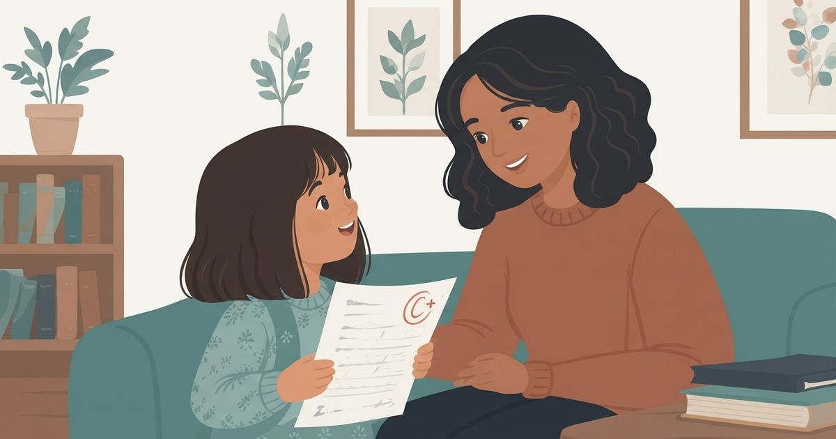 "A digital illustration shows a young girl with a patterned blue sweater holding up a paper with a red 'C+' grade. She looks with a joyful and expectant expression at an older woman, presumably her mother, who is sitting on a teal sofa and smiling warmly back at her. The mother has dark, wavy hair and wears a terracotta-colored sweater. They are in a cozy living room with a wooden bookshelf filled with books and plants to the left, and two framed botanical art prints on the wall behind them. A stack of books rests on a wooden side table to the right."