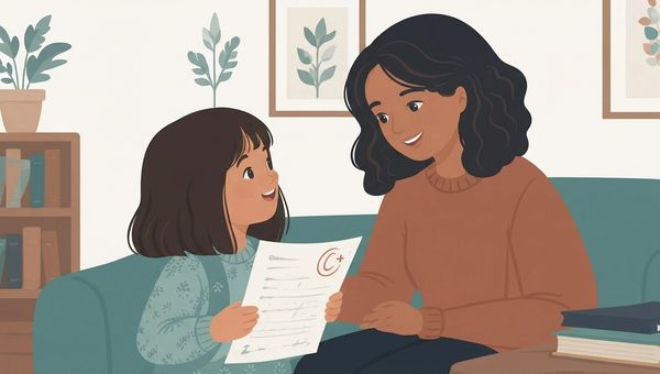 "A digital illustration shows a young girl with a patterned blue sweater holding up a paper with a red 'C+' grade. She looks with a joyful and expectant expression at an older woman, presumably her mother, who is sitting on a teal sofa and smiling warmly back at her. The mother has dark, wavy hair and wears a terracotta-colored sweater. They are in a cozy living room with a wooden bookshelf filled with books and plants to the left, and two framed botanical art prints on the wall behind them. A stack of books rests on a wooden side table to the right."