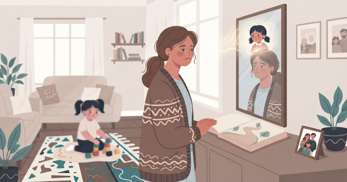 An illustrated interior scene of a cozy living room. A woman with brown hair in a patterned cardigan stands in the foreground, looking thoughtfully into a mirror on the wall. Her reflection shows her looking sad, and a thought bubble above her reflection contains an image of a crying child with pigtails. In the background, a young girl with pigtails plays happily with building blocks on a patterned rug near a sofa. An open book and a family photo are on a console table next to the mirror. The style is a flat vector illustration with a warm, muted color palette.