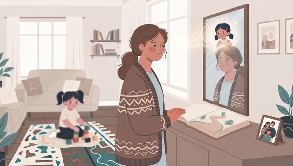 An illustrated interior scene of a cozy living room. A woman with brown hair in a patterned cardigan stands in the foreground, looking thoughtfully into a mirror on the wall. Her reflection shows her looking sad, and a thought bubble above her reflection contains an image of a crying child with pigtails. In the background, a young girl with pigtails plays happily with building blocks on a patterned rug near a sofa. An open book and a family photo are on a console table next to the mirror. The style is a flat vector illustration with a warm, muted color palette.