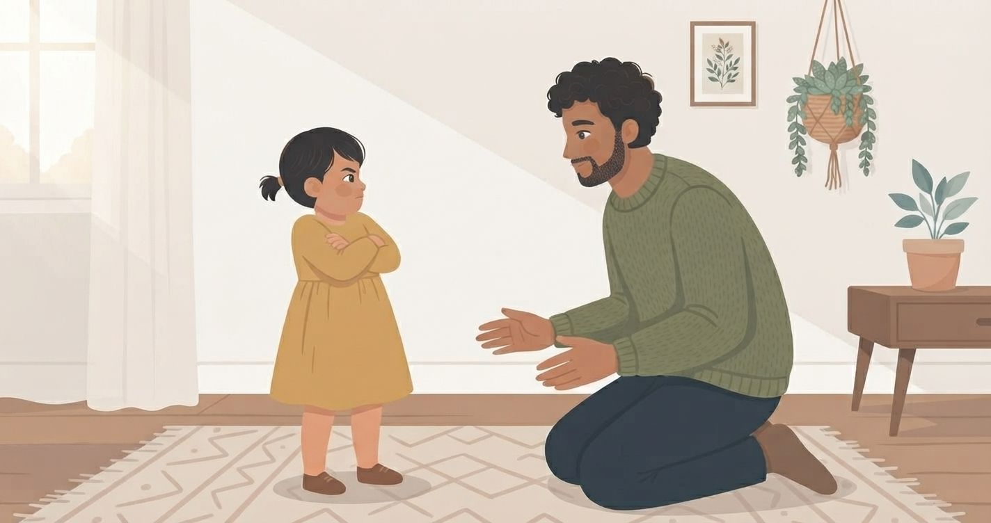 An illustration in a cozy, sunlit living room shows a father kneeling on a patterned rug, facing his young daughter who is standing with her arms crossed and a stubborn expression. The father, with short dark curly hair, a beard, and a green knit sweater, has his hands open in a welcoming, gentle gesture as he looks at her calmly. The little girl, with short dark hair in pigtails and a mustard-yellow dress, stands with a firm, resistant posture. In the background, a white wall features a framed botanical print and a hanging macramé plant holder with a succulent, while a small side table holds a potted plant on the right. Soft natural light streams in from a window on the left, creating a warm and comforting atmosphere. The illustration style is flat, modern, and cozy.