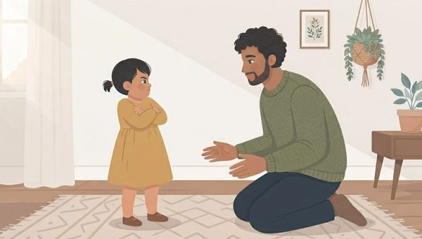 An illustration in a cozy, sunlit living room shows a father kneeling on a patterned rug, facing his young daughter who is standing with her arms crossed and a stubborn expression. The father, with short dark curly hair, a beard, and a green knit sweater, has his hands open in a welcoming, gentle gesture as he looks at her calmly. The little girl, with short dark hair in pigtails and a mustard-yellow dress, stands with a firm, resistant posture. In the background, a white wall features a framed botanical print and a hanging macramé plant holder with a succulent, while a small side table holds a potted plant on the right. Soft natural light streams in from a window on the left, creating a warm and comforting atmosphere. The illustration style is flat, modern, and cozy.