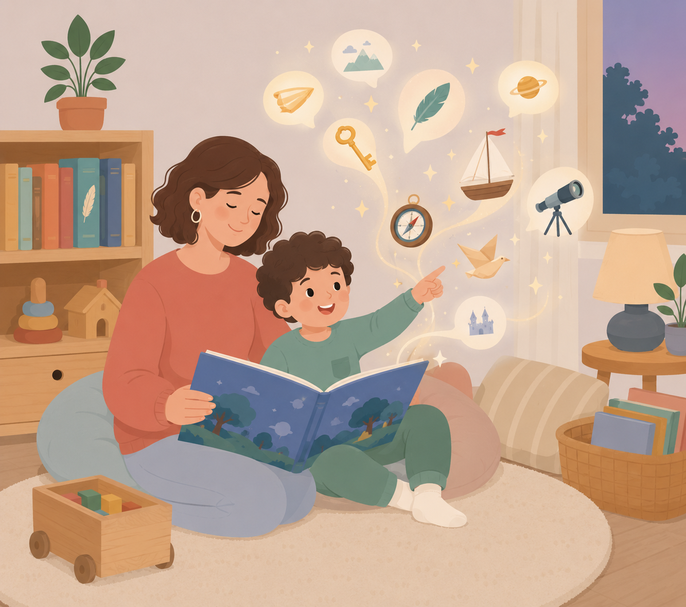 A mother and her young child sit together in a cozy reading corner, sharing a story as magical symbols of discovery, imagination, and language gently rise from the pages, illustrating how books expand a child's vocabulary through meaningful shared reading.