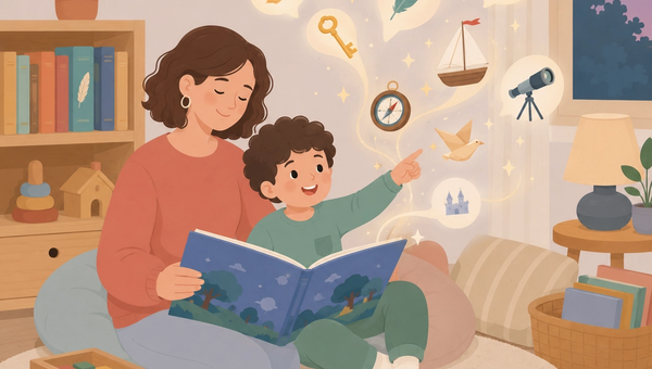 A mother and her young child sit together in a cozy reading corner, sharing a story as magical symbols of discovery, imagination, and language gently rise from the pages, illustrating how books expand a child's vocabulary through meaningful shared reading.