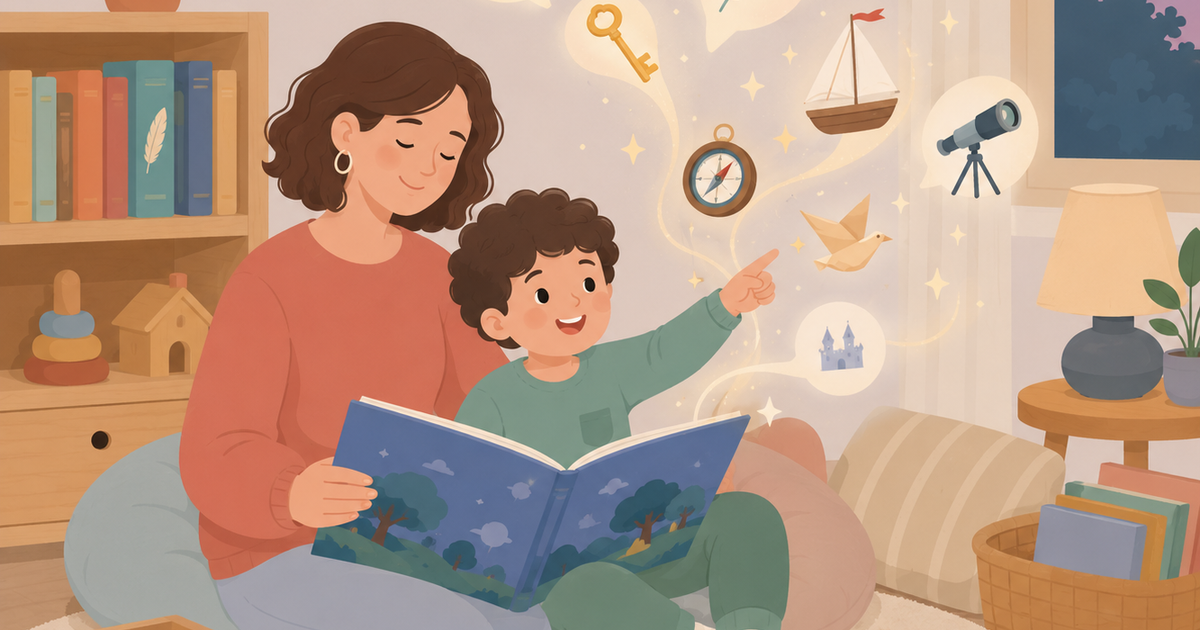 A mother and her young child sit together in a cozy reading corner, sharing a story as magical symbols of discovery, imagination, and language gently rise from the pages, illustrating how books expand a child's vocabulary through meaningful shared reading.