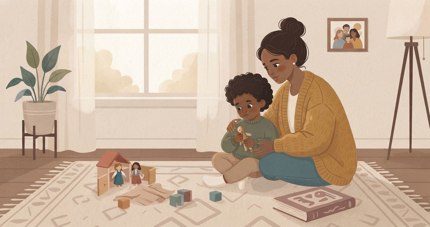 An illustrated interior scene of a cozy living room in a warm, muted color palette. A Black mother with dark hair tied in a bun sits on a patterned rug, gently embracing and comforting her young Black son who is holding a small doll. Nearby on the floor are wooden toys, blocks, and an open book. In the background, a large window lets in soft light, a potted plant stands on the left, a framed family portrait hangs on the wall, and a floor lamp stands on the right. The style is a flat vector illustration.