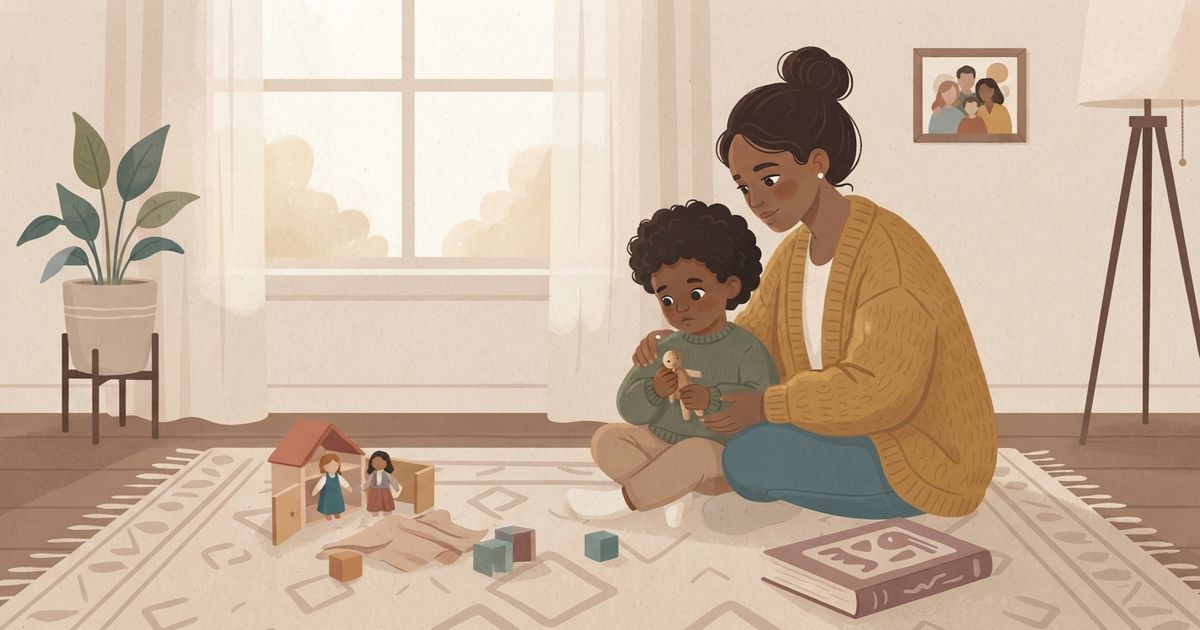 An illustrated interior scene of a cozy living room in a warm, muted color palette. A Black mother with dark hair tied in a bun sits on a patterned rug, gently embracing and comforting her young Black son who is holding a small doll. Nearby on the floor are wooden toys, blocks, and an open book. In the background, a large window lets in soft light, a potted plant stands on the left, a framed family portrait hangs on the wall, and a floor lamp stands on the right. The style is a flat vector illustration.