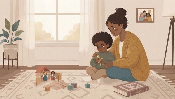 An illustrated interior scene of a cozy living room in a warm, muted color palette. A Black mother with dark hair tied in a bun sits on a patterned rug, gently embracing and comforting her young Black son who is holding a small doll. Nearby on the floor are wooden toys, blocks, and an open book. In the background, a large window lets in soft light, a potted plant stands on the left, a framed family portrait hangs on the wall, and a floor lamp stands on the right. The style is a flat vector illustration.