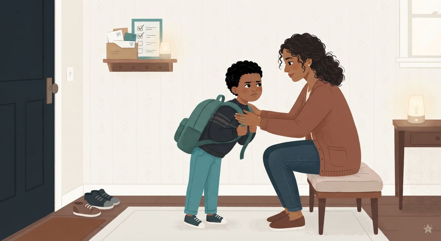 An illustration in a soft, textured storybook style depicting a moment of emotional connection in a home entryway. A young Black boy with curly hair and a distressed, reluctant expression stands facing the viewer, wearing a green backpack and a striped sweater. He is looking down and away from the adult. Seated on a cream-colored bench is an adult Black woman with dark curly hair, wearing a brown cardigan and jeans. She is leaning forward with a gentle, empathetic expression, holding the boy's shoulders and looking directly at him with a reassuring, listening posture.  The entryway features a dark front door on the left, with a pair of shoes on a mat nearby. On the wall is a wooden shelf with mail, a simple daily checklist, and a small glowing nightlight. A second small glowing lamp is on a side table on the right. The background wall has a subtle patterned wallpaper. The overall color palette is composed of warm, muted tones: creams, deep blues, terracotta, and soft browns. The lighting is warm and domestic. A small, stylized star icon is in the bottom right corner.