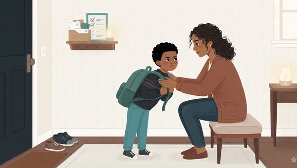 An illustration in a soft, textured storybook style depicting a moment of emotional connection in a home entryway. A young Black boy with curly hair and a distressed, reluctant expression stands facing the viewer, wearing a green backpack and a striped sweater. He is looking down and away from the adult. Seated on a cream-colored bench is an adult Black woman with dark curly hair, wearing a brown cardigan and jeans. She is leaning forward with a gentle, empathetic expression, holding the boy's shoulders and looking directly at him with a reassuring, listening posture. The entryway features a dark front door on the left, with a pair of shoes on a mat nearby. On the wall is a wooden shelf with mail, a simple daily checklist, and a small glowing nightlight. A second small glowing lamp is on a side table on the right. The background wall has a subtle patterned wallpaper. The overall color palette is composed of warm, muted tones: creams, deep blues, terracotta, and soft browns. The lighting is warm and domestic. A small, stylized star icon is in the bottom right corner.