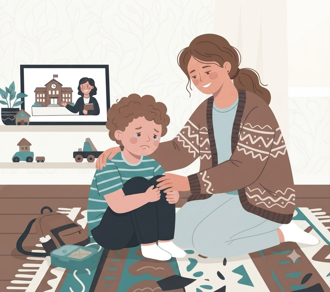 A flat vector illustration shows a mother comforting her young son, who is sitting on a patterned rug in a living room and crying, with tears visible on his cheek. He has curly brown hair and is wearing a teal striped t-shirt and dark blue pants. The mother, with her brown hair tied back, kneels beside him, wearing a brown patterned cardigan over a teal shirt and grey pants, with a gentle smile as she puts her arm around his shoulder and holds his knee. A small backpack and a green lunchbox sit on the floor nearby. In the background, a wooden shelf holds potted plants, toy cars, and a framed picture depicting a smiling female teacher standing in front of a school building. A window is on the far right. The overall style is warm, graphic, and gentle.