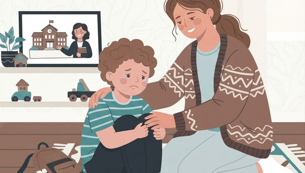 A flat vector illustration shows a mother comforting her young son, who is sitting on a patterned rug in a living room and crying, with tears visible on his cheek. He has curly brown hair and is wearing a teal striped t-shirt and dark blue pants. The mother, with her brown hair tied back, kneels beside him, wearing a brown patterned cardigan over a teal shirt and grey pants, with a gentle smile as she puts her arm around his shoulder and holds his knee. A small backpack and a green lunchbox sit on the floor nearby. In the background, a wooden shelf holds potted plants, toy cars, and a framed picture depicting a smiling female teacher standing in front of a school building. A window is on the far right. The overall style is warm, graphic, and gentle.