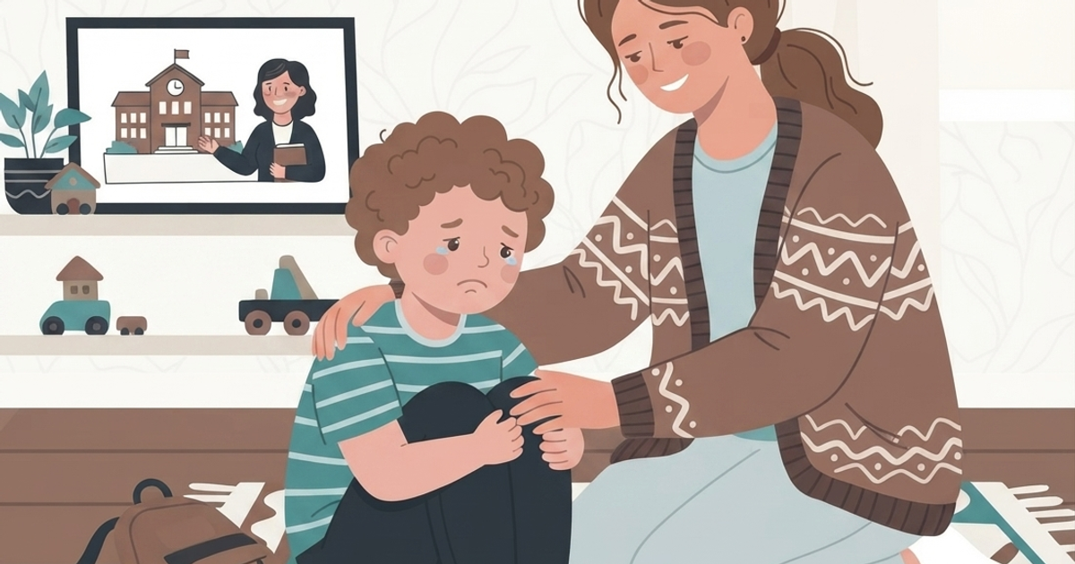 A flat vector illustration shows a mother comforting her young son, who is sitting on a patterned rug in a living room and crying, with tears visible on his cheek. He has curly brown hair and is wearing a teal striped t-shirt and dark blue pants. The mother, with her brown hair tied back, kneels beside him, wearing a brown patterned cardigan over a teal shirt and grey pants, with a gentle smile as she puts her arm around his shoulder and holds his knee. A small backpack and a green lunchbox sit on the floor nearby. In the background, a wooden shelf holds potted plants, toy cars, and a framed picture depicting a smiling female teacher standing in front of a school building. A window is on the far right. The overall style is warm, graphic, and gentle.
