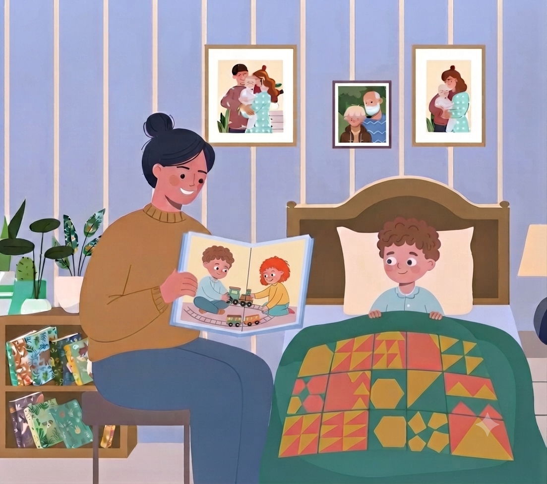 A warm-toned, modern cartoon style illustration of a cozy bedroom scene. A mother sits on a small stool beside a child's bed, reading aloud from an open book. The book's pages show two children playing with a toy train set together. The child lies in the bed, covered by a green geometric quilt, smiling up at the mother. Additional details in the room include a bookshelf, potted plants, and framed family pictures on the wall.