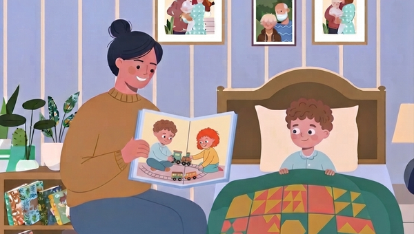 A warm-toned, modern cartoon style illustration of a cozy bedroom scene. A mother sits on a small stool beside a child's bed, reading aloud from an open book. The book's pages show two children playing with a toy train set together. The child lies in the bed, covered by a green geometric quilt, smiling up at the mother. Additional details in the room include a bookshelf, potted plants, and framed family pictures on the wall.