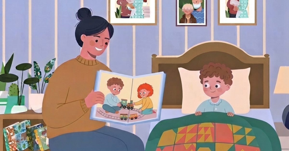 A warm-toned, modern cartoon style illustration of a cozy bedroom scene. A mother sits on a small stool beside a child's bed, reading aloud from an open book. The book's pages show two children playing with a toy train set together. The child lies in the bed, covered by a green geometric quilt, smiling up at the mother. Additional details in the room include a bookshelf, potted plants, and framed family pictures on the wall.