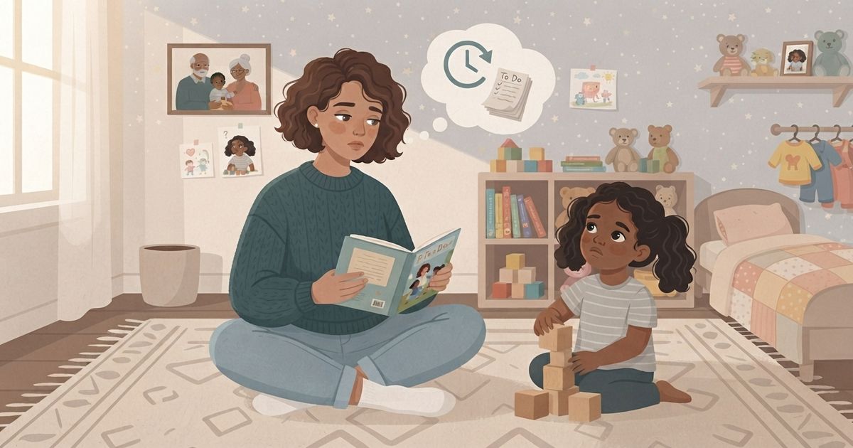 An illustrated interior scene of a cozy little girl's bedroom in a warm, muted color palette. A woman with short brown curly hair wearing a green sweater and jeans sits cross-legged on a patterned rug, holding a book, looking distracted with a thoughtful expression. Above her head, a thought bubble shows a clock and a to-do list. Nearby on the rug, a young girl with pigtails sits building a tower out of wooden blocks, looking up sadly at the woman. The background shows a child's bed, a shelf with stuffed animals and toys, a toy shelf, and framed drawings on the walls. The style is a flat vector illustration