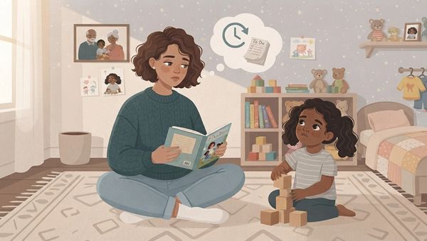 An illustrated interior scene of a cozy little girl's bedroom in a warm, muted color palette. A woman with short brown curly hair wearing a green sweater and jeans sits cross-legged on a patterned rug, holding a book, looking distracted with a thoughtful expression. Above her head, a thought bubble shows a clock and a to-do list. Nearby on the rug, a young girl with pigtails sits building a tower out of wooden blocks, looking up sadly at the woman. The background shows a child's bed, a shelf with stuffed animals and toys, a toy shelf, and framed drawings on the walls. The style is a flat vector illustration