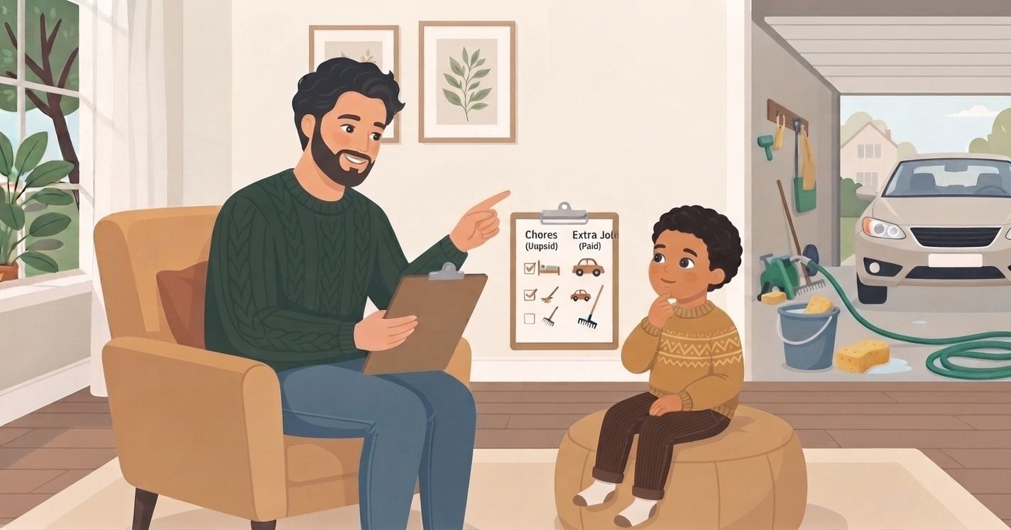 An illustrated scene shows a man with a beard, wearing a green sweater and jeans, sitting in an armchair and holding a clipboard. He is pointing with his other hand toward a chart on the wall. A young boy, wearing a patterned sweater, is sitting on a pouf opposite the man, looking at the chart with his hand to his chin. The chart is divided into two columns: "Chores (Unpaid)" with checkmarks next to a bed and a person sweeping, and "Extra Jobs (Paid)" with checkmarks next to two toy cars and a person with a rake. The background includes a window, framed botanical prints, and an open view into a garage with a car, cleaning supplies, and a hose.