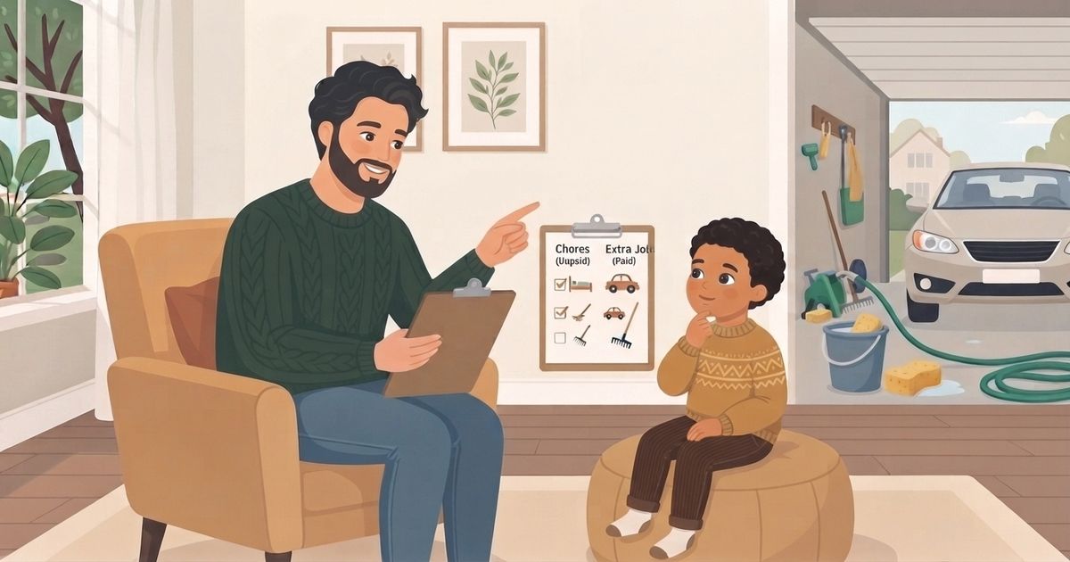 An illustrated scene shows a man with a beard, wearing a green sweater and jeans, sitting in an armchair and holding a clipboard. He is pointing with his other hand toward a chart on the wall. A young boy, wearing a patterned sweater, is sitting on a pouf opposite the man, looking at the chart with his hand to his chin. The chart is divided into two columns: "Chores (Unpaid)" with checkmarks next to a bed and a person sweeping, and "Extra Jobs (Paid)" with checkmarks next to two toy cars and a person with a rake. The background includes a window, framed botanical prints, and an open view into a garage with a car, cleaning supplies, and a hose.