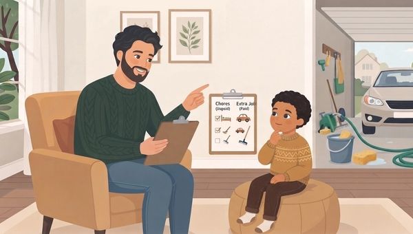 An illustrated scene shows a man with a beard, wearing a green sweater and jeans, sitting in an armchair and holding a clipboard. He is pointing with his other hand toward a chart on the wall. A young boy, wearing a patterned sweater, is sitting on a pouf opposite the man, looking at the chart with his hand to his chin. The chart is divided into two columns: "Chores (Unpaid)" with checkmarks next to a bed and a person sweeping, and "Extra Jobs (Paid)" with checkmarks next to two toy cars and a person with a rake. The background includes a window, framed botanical prints, and an open view into a garage with a car, cleaning supplies, and a hose.