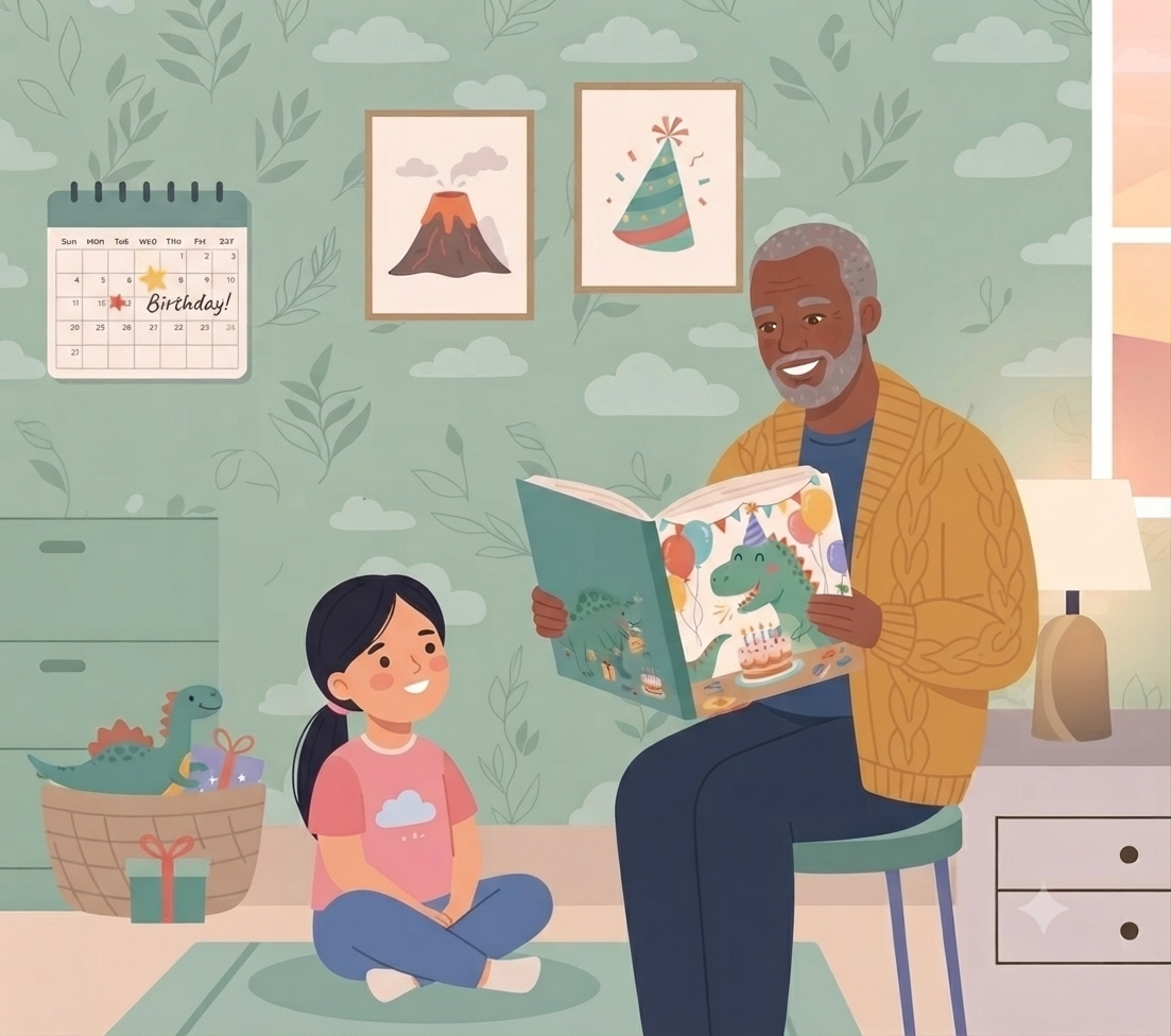 A flat vector illustration of a cozy, warm-toned bedroom. An older Black man with gray hair and a beard, wearing a yellow cable-knit cardigan, sits on a teal stool and holds an open children's book. A young girl with black hair in a ponytail, wearing a pink t-shirt, sits on a rug on the floor and looks up at the man with a smile. The open pages of the book show a cheerful illustration of a dinosaur at a birthday party with cake and balloons. Behind them, on a sage-green wall with a subtle leaf pattern, is a wall calendar with "Birthday!" text in English, a framed picture of a volcano, and a framed picture of a birthday hat. To the left, a basket contains dinosaur toys and a wrapped gift. To the right, a window shows a sunset, and a nightstand holds a lamp. The floor has a small car toy. The overall style is friendly and inviting.