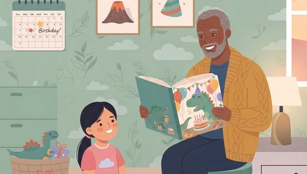 A flat vector illustration of a cozy, warm-toned bedroom. An older Black man with gray hair and a beard, wearing a yellow cable-knit cardigan, sits on a teal stool and holds an open children's book. A young girl with black hair in a ponytail, wearing a pink t-shirt, sits on a rug on the floor and looks up at the man with a smile. The open pages of the book show a cheerful illustration of a dinosaur at a birthday party with cake and balloons. Behind them, on a sage-green wall with a subtle leaf pattern, is a wall calendar with "Birthday!" text in English, a framed picture of a volcano, and a framed picture of a birthday hat. To the left, a basket contains dinosaur toys and a wrapped gift. To the right, a window shows a sunset, and a nightstand holds a lamp. The floor has a small car toy. The overall style is friendly and inviting.